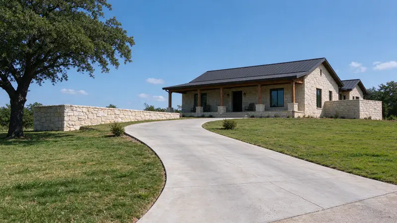 Hill Country stone house with a long, gently sloping concrete driveway