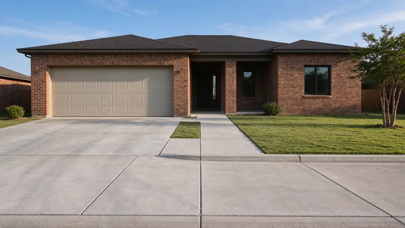 Brick house with a full-width concrete driveway meeting the sidewalk and curb