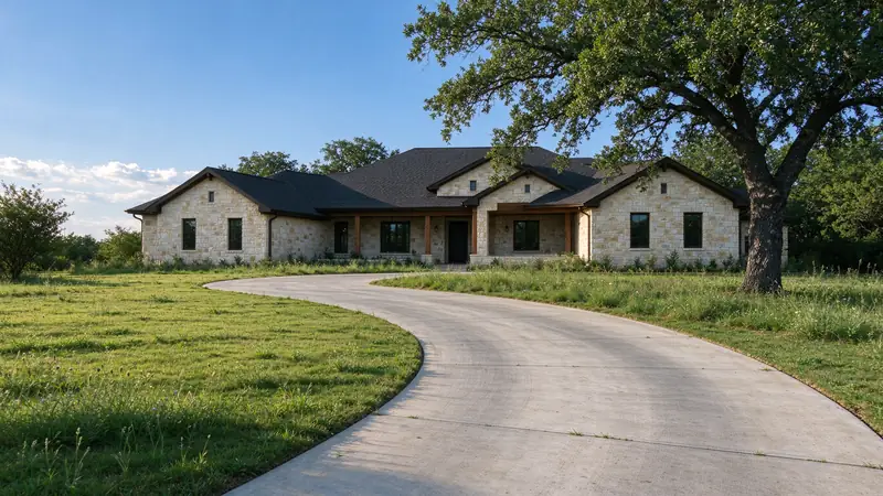 Stone ranch house with a long curved concrete driveway through native grass