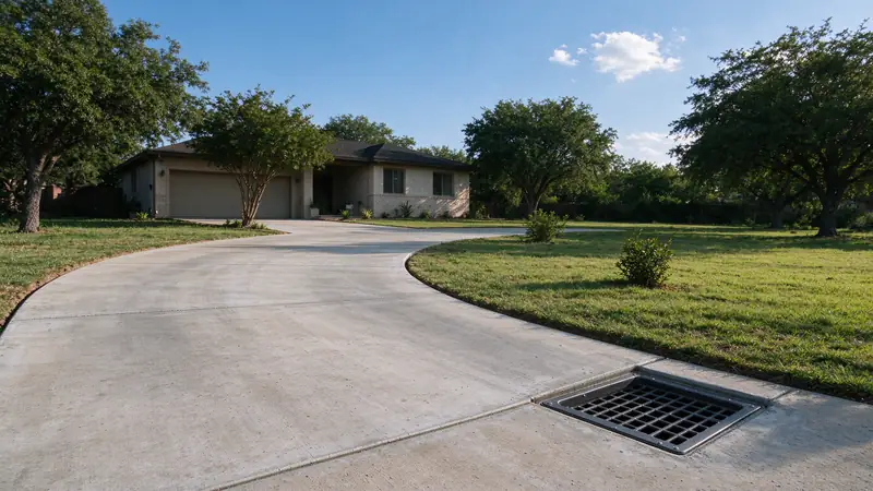 Curved concrete driveway graded toward a grated drain inlet near the street