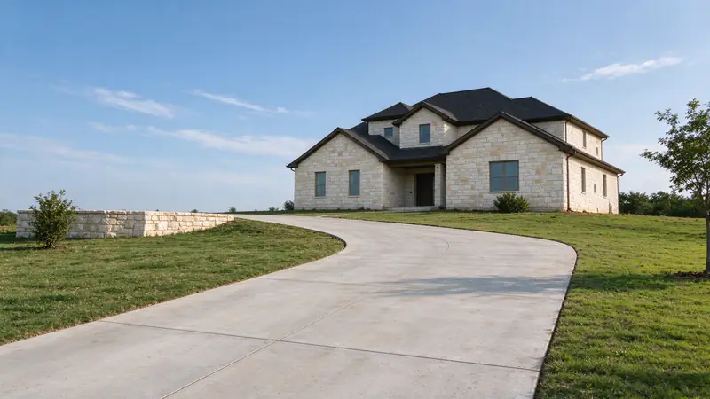 Limestone house on a rise with a gently sloping concrete driveway