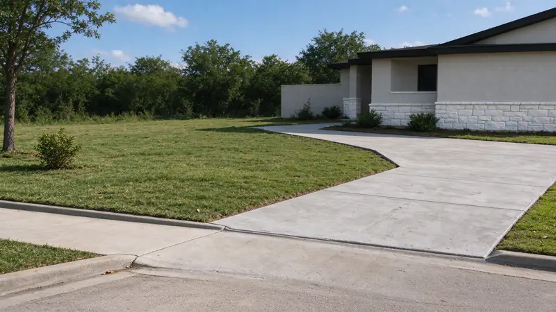 Concrete driveway crossing the sidewalk to the curb in front of a limestone-trimmed house