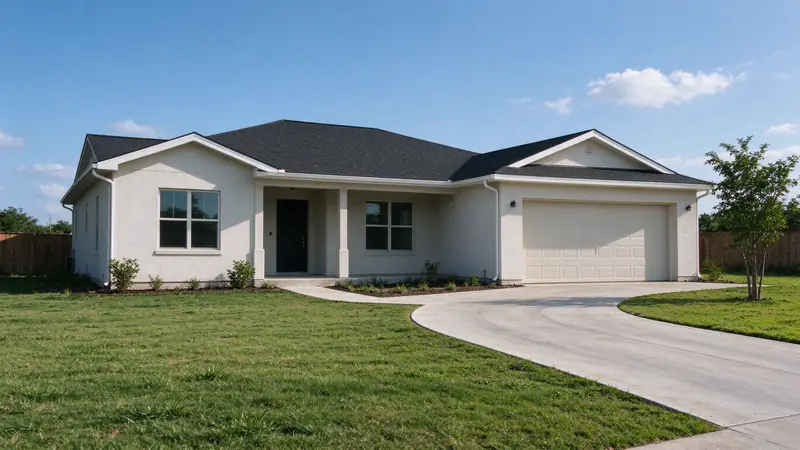 Single-story house with a curving concrete driveway and lawn