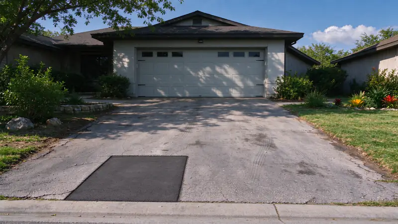 The same asphalt driveway with the pothole replaced by a rectangular asphalt patch