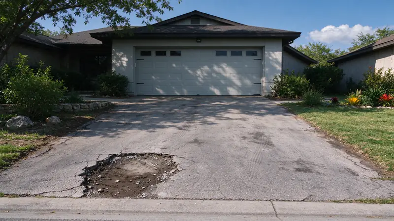 Asphalt driveway with a pothole and worn, cracked edges in front of a garage