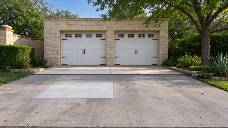 The same driveway with the spalled area replaced by a squared, flush concrete patch