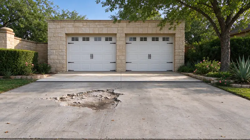 Concrete driveway with a spalled, broken area in front of a stone two-car garage