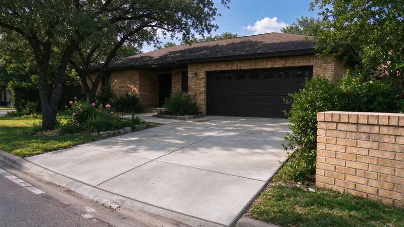 The same house with a new broom-finished concrete driveway and straight control joints