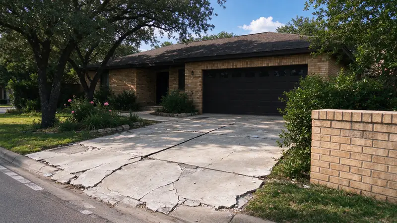 Badly cracked and broken concrete driveway in front of a brick house