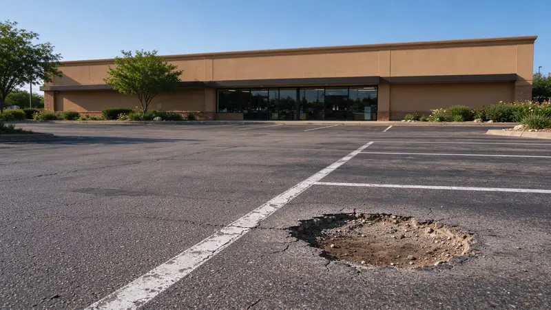 Pothole beside a stall line in an asphalt retail parking lot