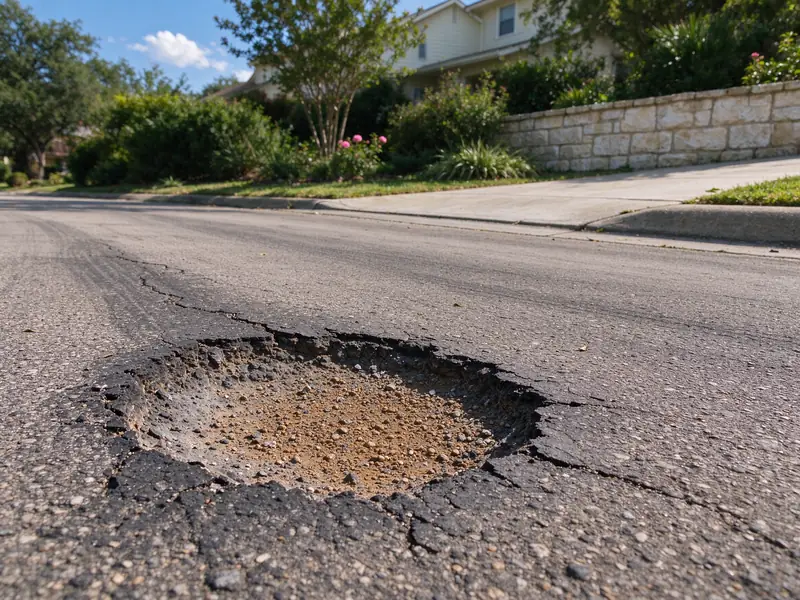 Asphalt pothole with the gravel base exposed in the center