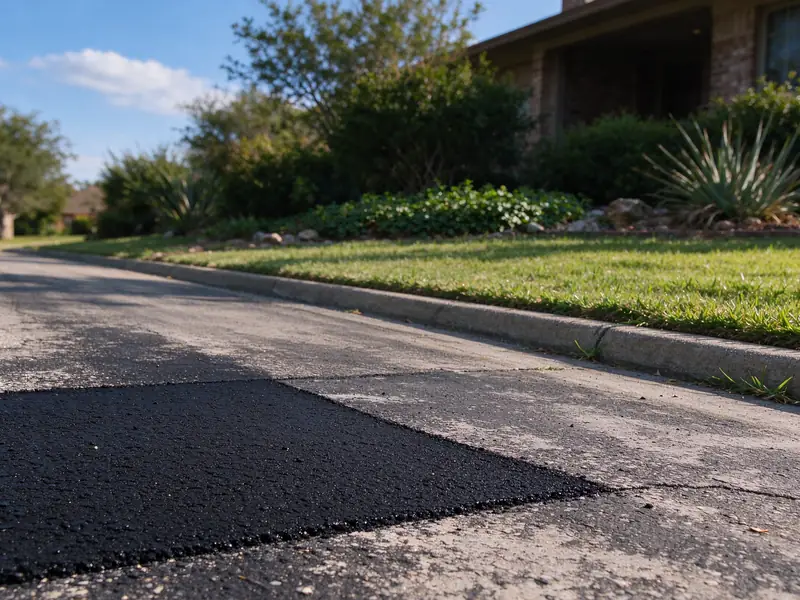 Fresh asphalt patch along the edge of an older residential asphalt drive