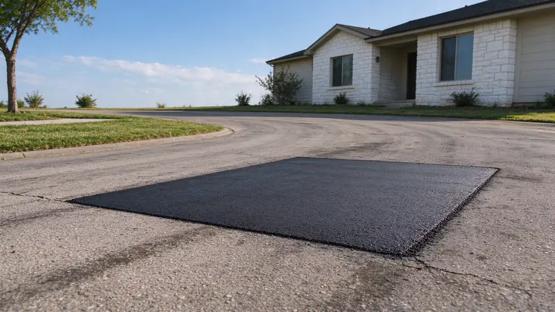 Rectangular full-depth patch in an older residential asphalt driveway