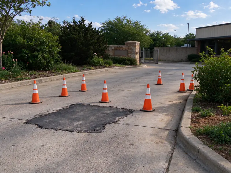 Cones beside a deteriorated patch in a business entrance drive