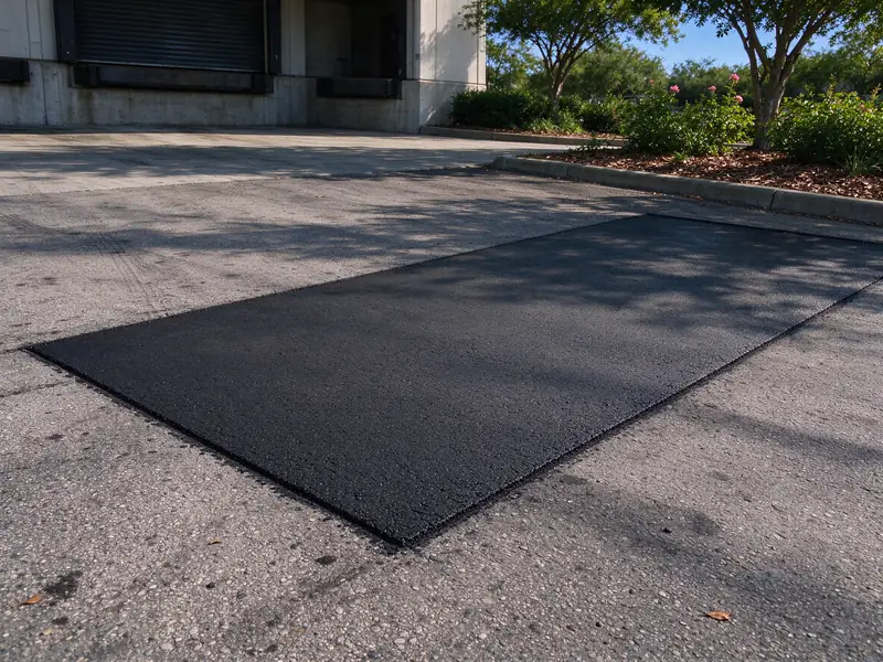 Saw-cut rectangular asphalt patch in a commercial service drive