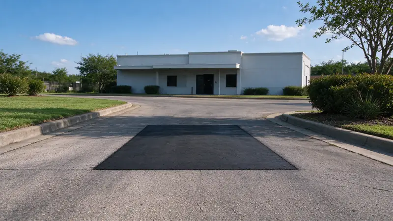 Rectangular asphalt patch in the entrance drive of a small commercial building