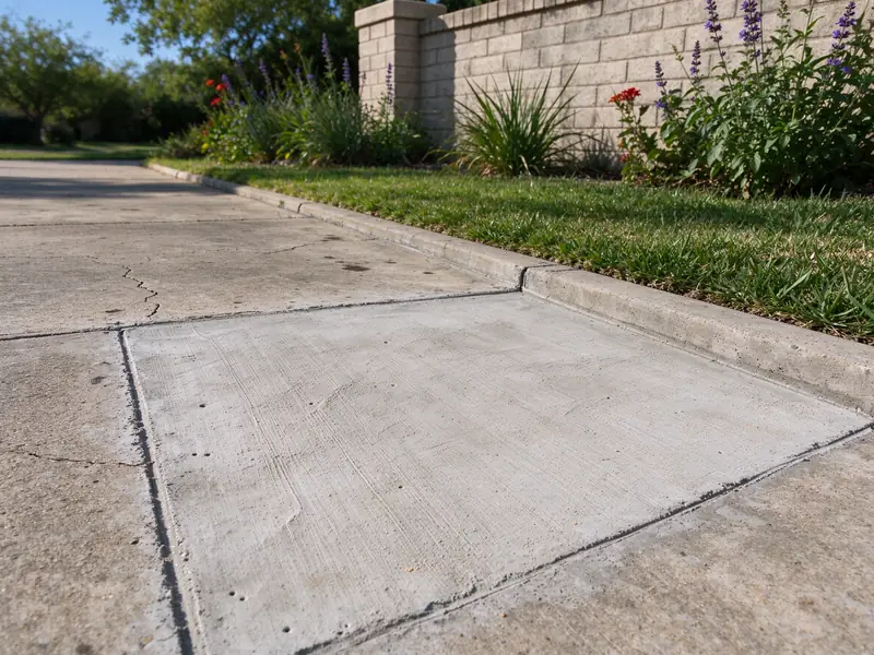 Squared concrete patch at the edge of a driveway slab