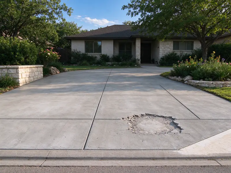 Concrete driveway with control joints and one spalled area