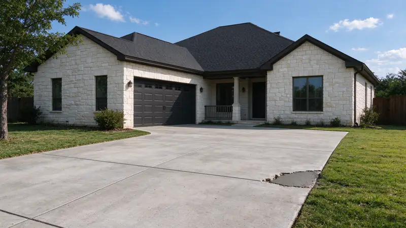Limestone house with a concrete driveway and a damaged edge near the lawn