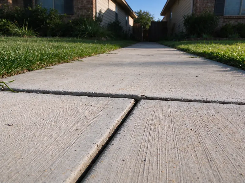 Sidewalk slab lifted above the next one at a joint, leaving a raised lip