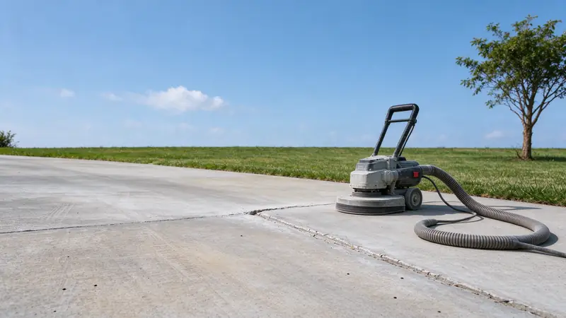 Concrete grinder with a dust hose parked beside an uneven joint