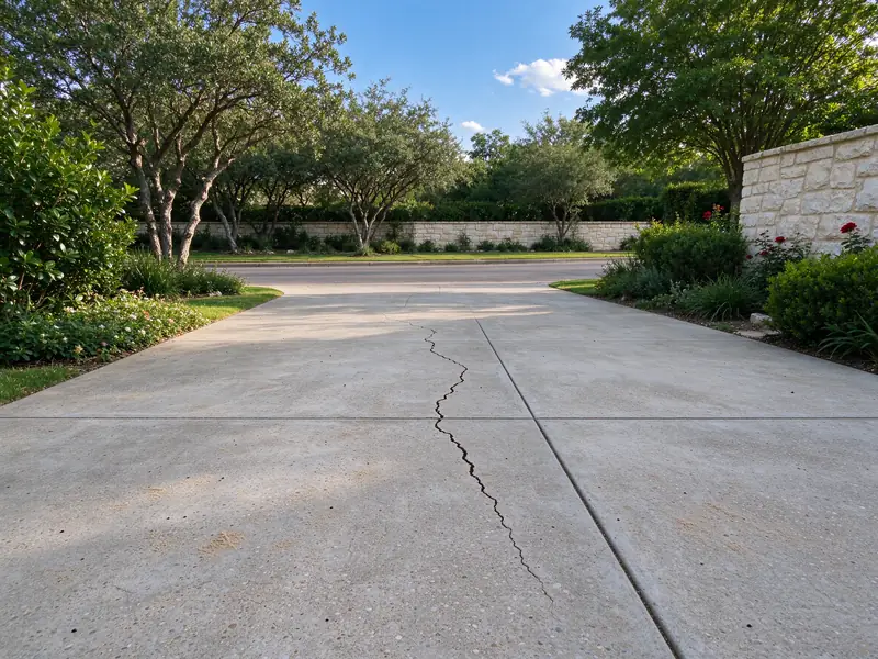 Narrow crack running across a concrete driveway panel