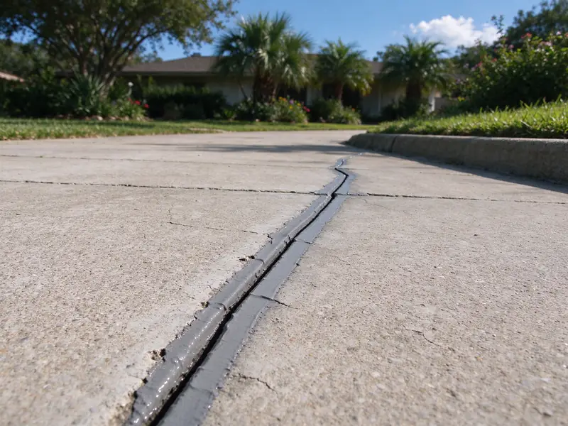 Crack in a concrete driveway filled with gray flexible sealant