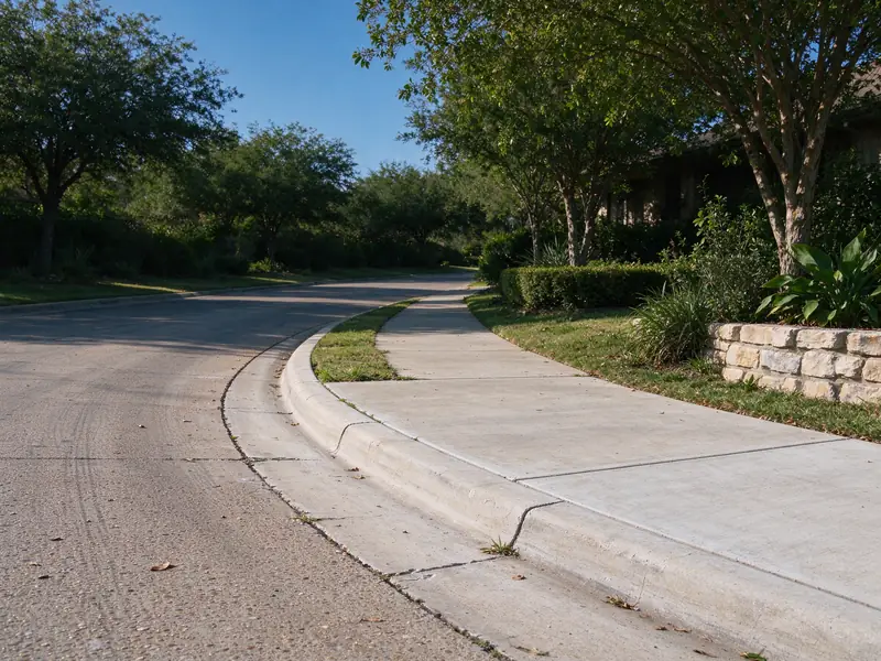 Full-height curb and sidewalk along a curving residential street