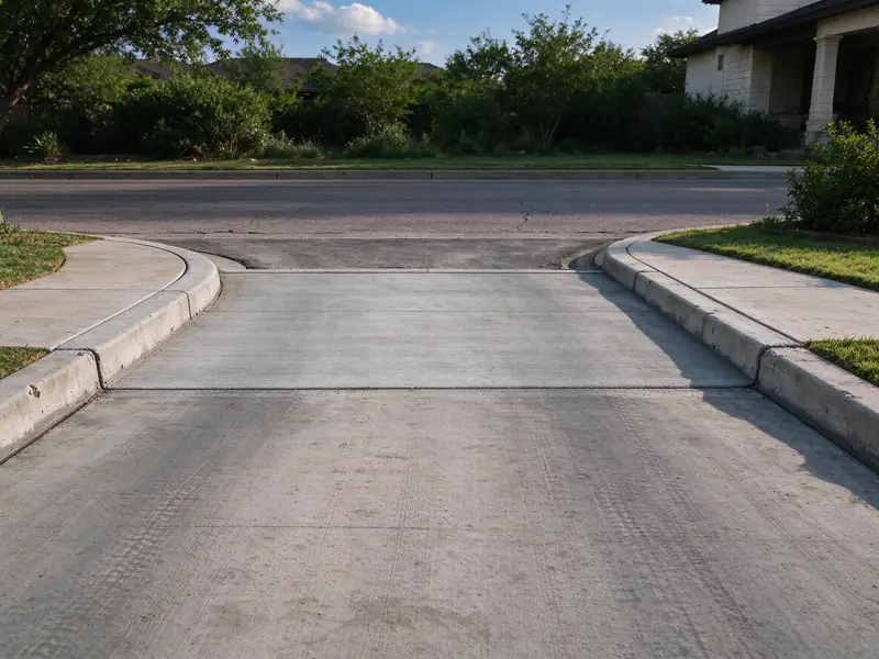 Driveway opening in the curb with the sidewalk crossing it