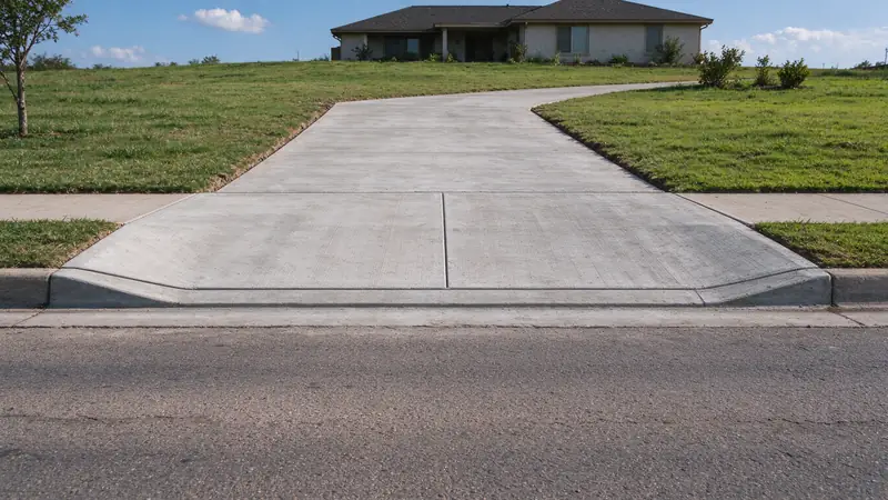 Driveway approach with the curb lowered across its width and flared wings at each side