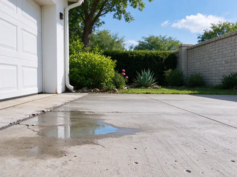 Rainwater standing in a low spot on a driveway beside the garage