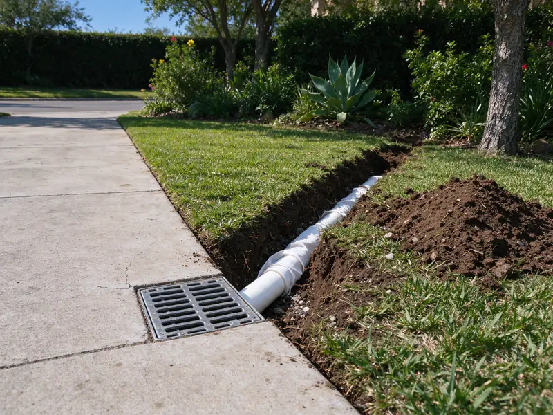 Drain grate at a driveway edge connected to a pipe in an open trench