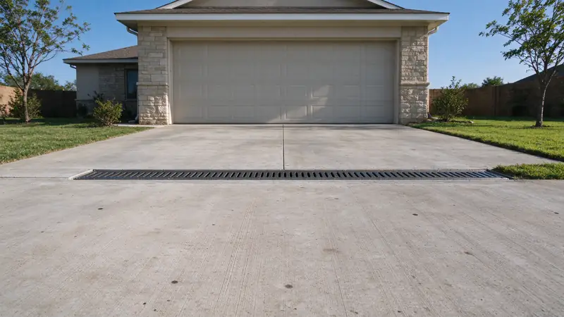 Trench drain set across a concrete driveway in front of a two-car garage