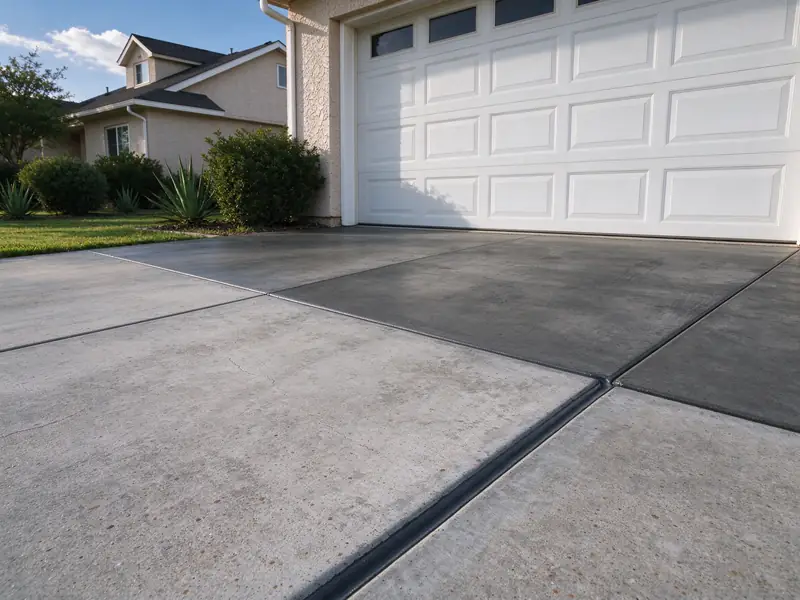 Sealed joint between driveway panels in front of a garage