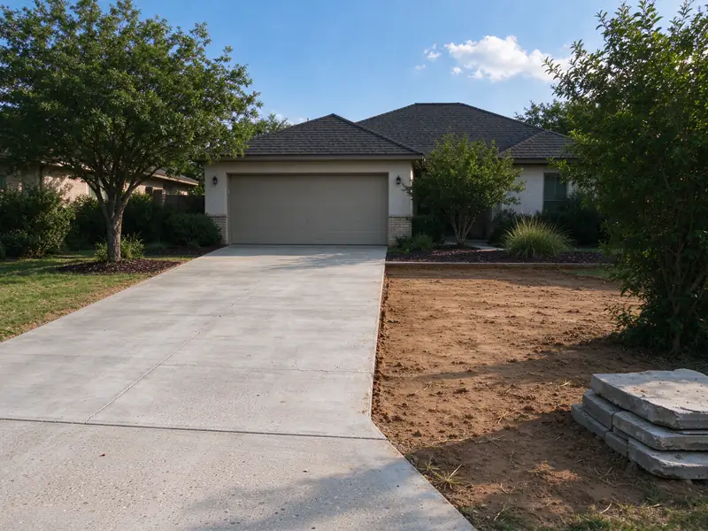 Bare soil beside a concrete driveway where an extension is planned