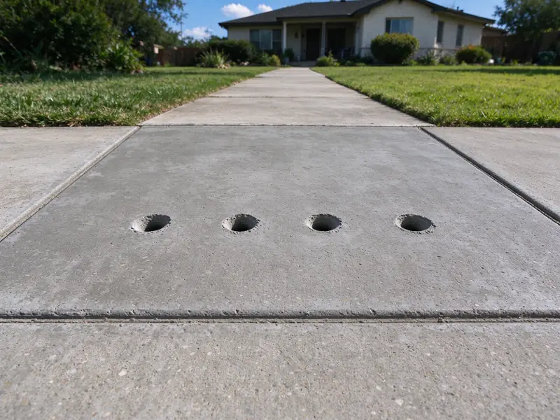 Four drilled injection holes in a concrete panel before lifting