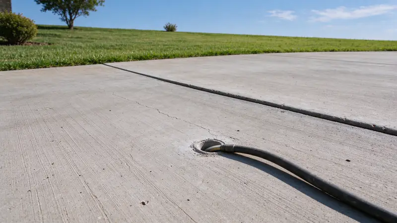 Injection hose in a drilled hole near a raised joint in a concrete driveway