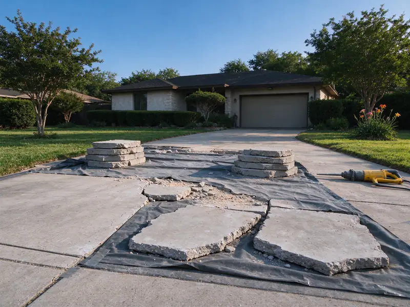 Broken driveway concrete stacked on plastic sheeting during removal