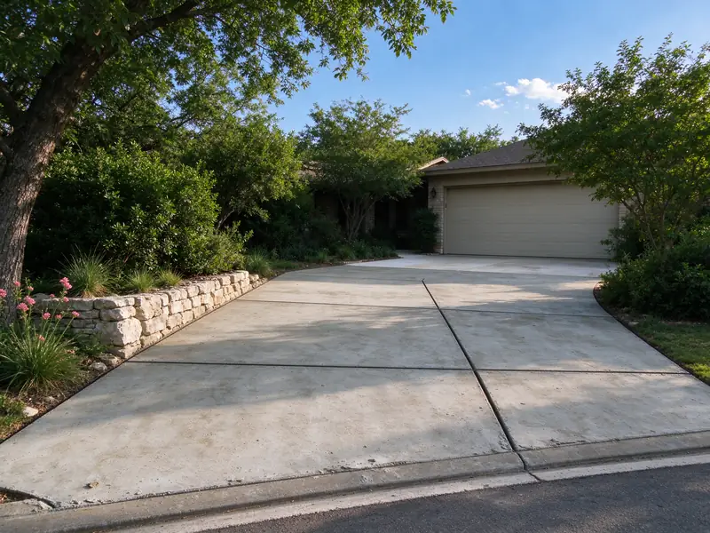 New concrete driveway with straight control joints leading to a garage