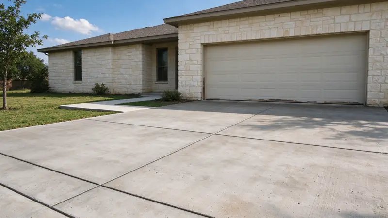 New broom-finished concrete driveway in front of a limestone garage