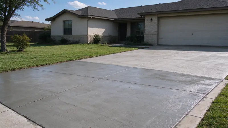 Concrete driveway with a fresh resurfacing overlay on part of it