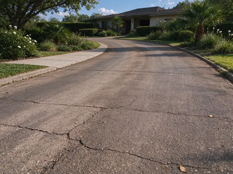 Weathered, cracked asphalt driveway before sealcoating
