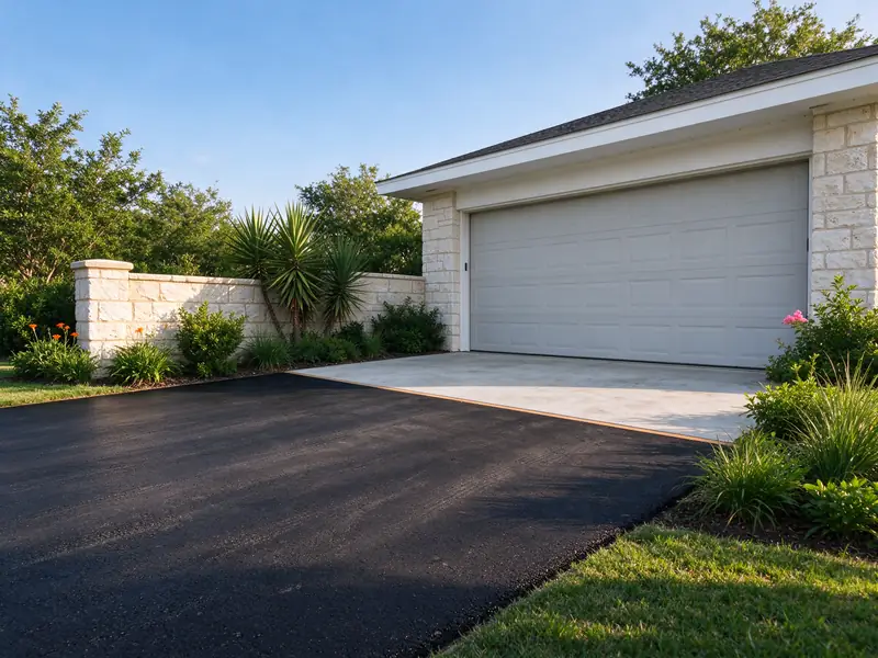 Freshly sealcoated asphalt driveway ending cleanly at a concrete garage pad