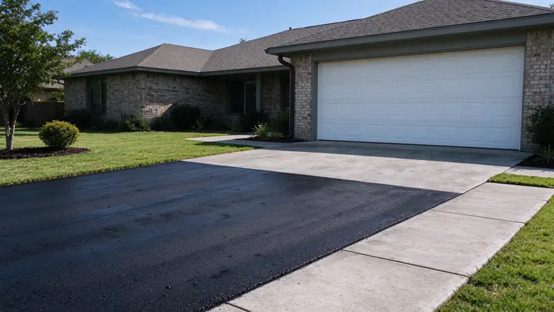 Fresh black sealcoat on an asphalt driveway up to a concrete apron