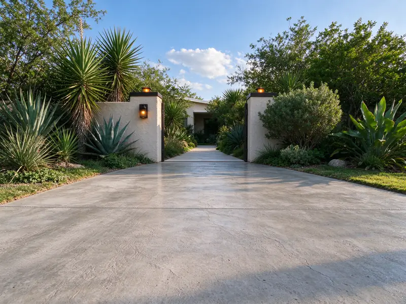 Sealed concrete driveway leading to a gated courtyard