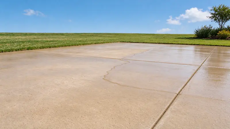 Tan concrete driveway with a visible line where sealer has been applied