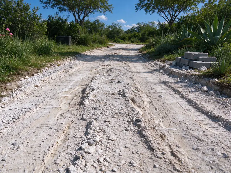 Rutted crushed limestone driveway with erosion channels