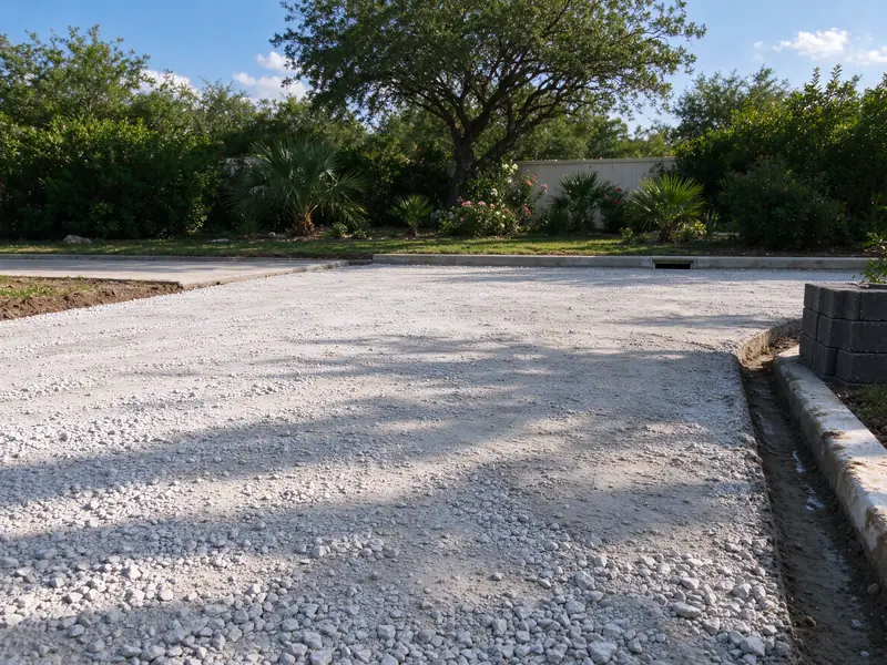 Graded and compacted crushed stone driveway base