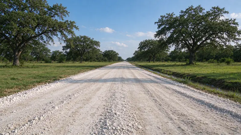 Long crushed limestone driveway between live oaks with a roadside ditch