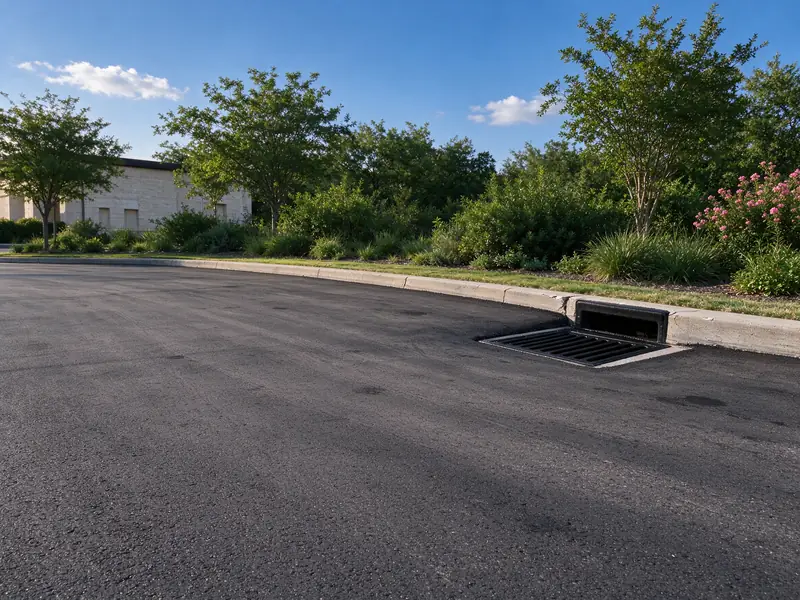 New asphalt drive sloping to a curb inlet